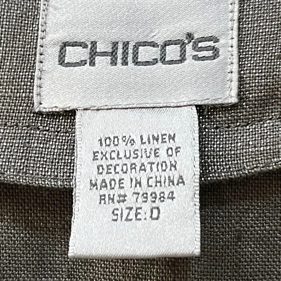 Chico’s 100% Linen Taupe Metallic Open Front Jacket Jeweled Neckline Sz S - Picture 10 of 11